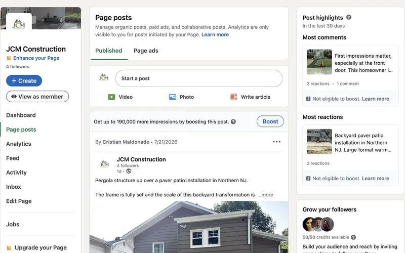 JCM Construction LinkedIn page, managed by Dream Boldly Studios